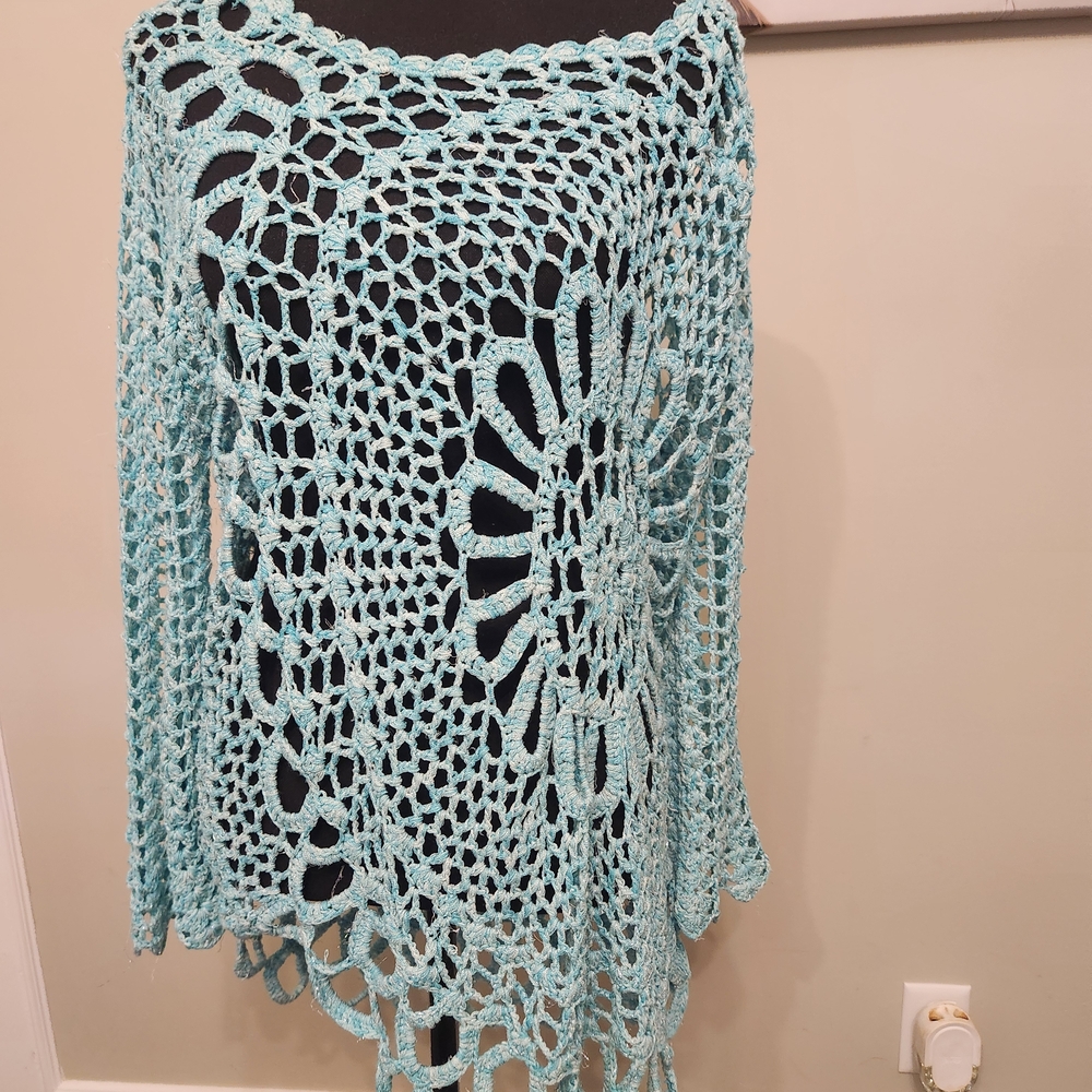 VENUS Light Blue Crochet Openwork Long Sleeve Top